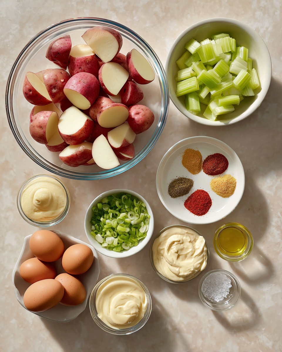 The image shows several bowls and small dishes arranged on a white marbled surface. There is one large clear glass bowl filled with quartered red potatoes showing red skin and creamy white inside. To the right, a white bowl holds sliced green celery pieces. Below that bowl, another white bowl contains a mix of colorful spices in small piles, including red, yellow, and green shades. To the left, there is a smaller white bowl with chopped green onions. Below that is a bowl with six brown eggs. Near the bottom left are three small containers holding creamy mayonnaise, yellow mustard, and white sour cream, plus a small clear dish with coarse salt and black pepper, and a tiny bowl with a light yellow oil. All items are placed neatly with soft natural light, photo taken with an iphone --ar 4:5 --v 7