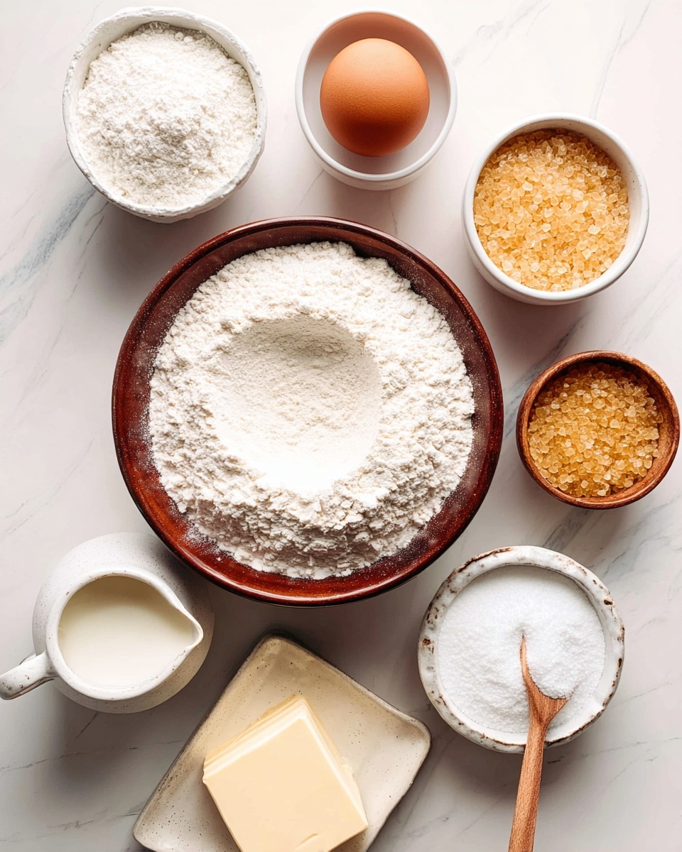 The image shows seven bowls and containers with different baking ingredients arranged on a white marbled surface. In the center, there is a large brown bowl full of white flour with a small dip in the middle. Above and slightly right, there is a white bowl with a single brown egg. To the left of the egg are two smaller bowls: one with granulated yeast and another with coarse white salt. To the right of the egg, there is a small bowl filled with golden raw sugar crystals. At the bottom left, there's a small white jug of milk next to a shallow white dish holding a square of pale yellow butter. At the bottom right, a medium white bowl contains a white powder with a wooden spoon resting inside. Photo taken with an iphone --ar 4:5 --v 7