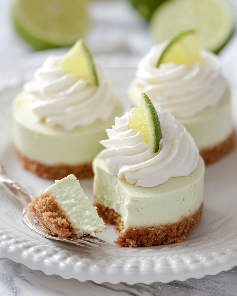 The image shows three mini cheesecakes on a white plate with a decorative edge, sitting on a white marbled surface. Each cheesecake has three layers: a crumbly brown crust at the bottom, a thick pale green creamy middle layer, and a tall swirl of smooth white whipped cream on top. A small, thin slice of lime with a vibrant green peel and pale green inside is placed on the whipped cream of each cheesecake. One cheesecake in the front has a small triangular piece removed, showing the smooth texture of the green layer and the crumbly crust, with a silver fork holding a bite of the cake. In the background, blurred halved limes add a fresh touch to the scene. Photo taken with an iphone --ar 4:5 --v 7