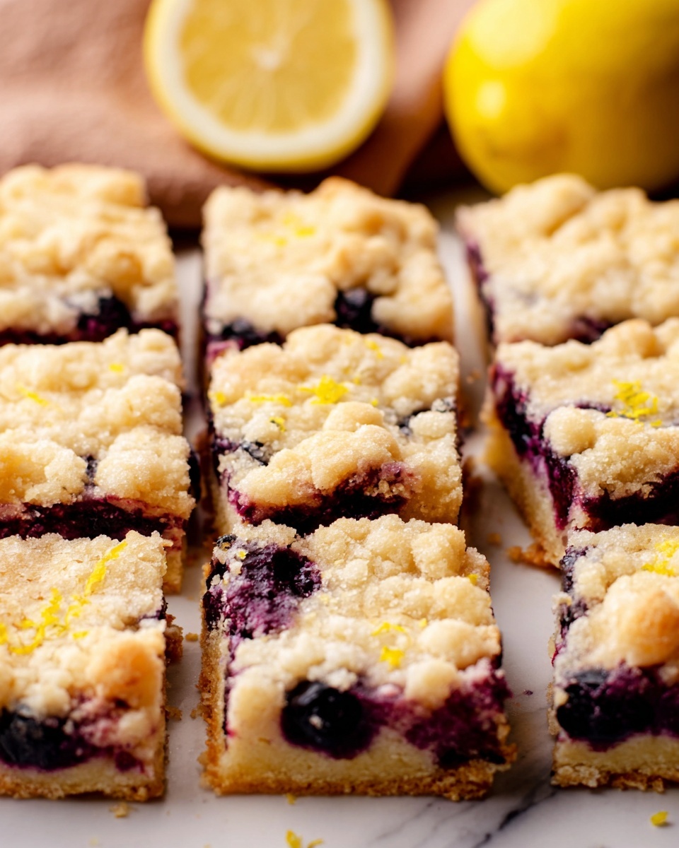 The image shows a close-up of nine square pieces of a lemon blueberry bar dessert arranged in a 3x3 grid. Each bar has a golden crumbly top layer with uneven small clumps, visible deep purple blueberries scattered inside, and a soft pale yellow base layer. Tiny specks of bright yellow lemon zest are sprinkled over the surface of the bars. In the background, there is a half lemon and a full lemon placed on a white marbled surface with a brown cloth slightly visible. The photo taken with an iphone --ar 4:5 --v 7