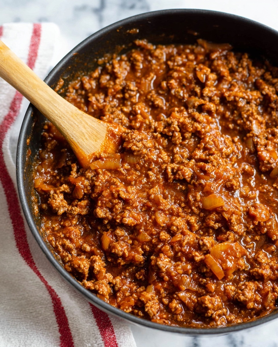 A close-up view of a black pan filled with cooked ground meat mixed with small, soft pieces of onion, all coated in a rich, thick brownish-red sauce. A wooden spoon is partially inside the pan, stirring the mixture, and the scene is set on a white marbled surface with a white cloth that has red stripes on one side. The textures of the meat and onions are tender and slightly chunky, showing an even distribution of ingredients photo taken with an iphone --ar 4:5 --v 7