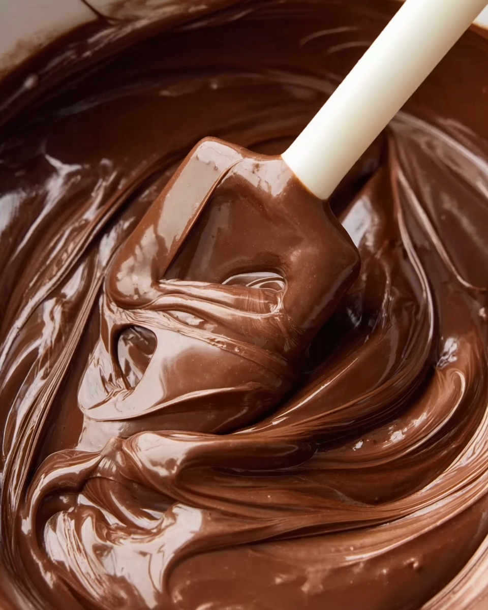 A close-up view of thick, smooth chocolate being gently mixed by a white spatula in a bowl, showing shiny, rich brown swirls with glossy reflections and soft folds of the creamy texture. The image focuses on the flowing, thick liquid chocolate that looks soft and shiny on a white marbled background. photo taken with an iphone --ar 4:5 --v 7
