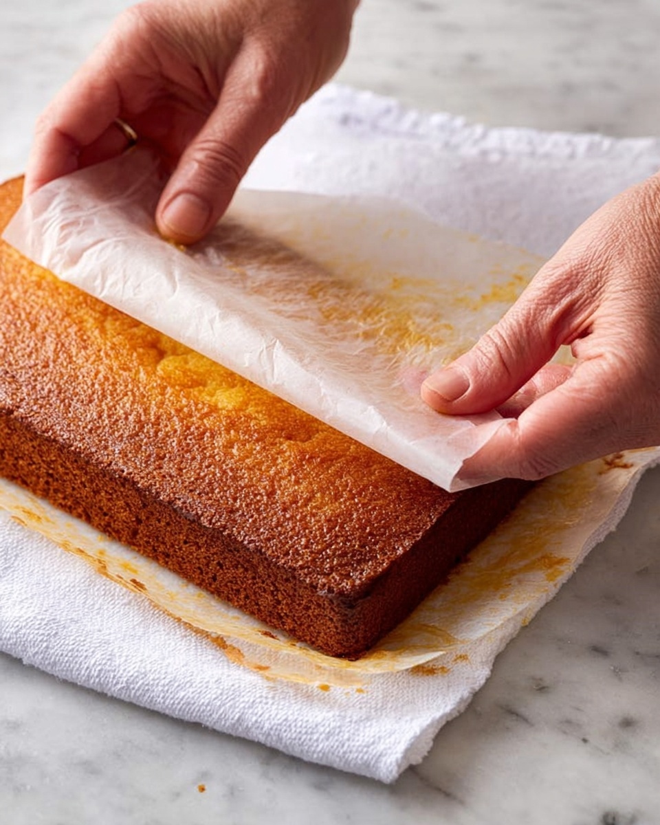 A rectangular golden-brown sponge cake sits on a white marbled surface. The woman’s hands are gently peeling back a sheet of parchment paper from the top of the cake, revealing a slightly textured and moist surface underneath. The cake layer has a golden crust with some darker brown areas on the sides and a soft, airy inside. The parchment paper is translucent and wrinkled with traces of cake crumbs and oil. The scene focuses closely on the cake and hands with a white cloth underneath the cake, creating a simple, clean background. photo taken with an iphone --ar 4:5 --v 7