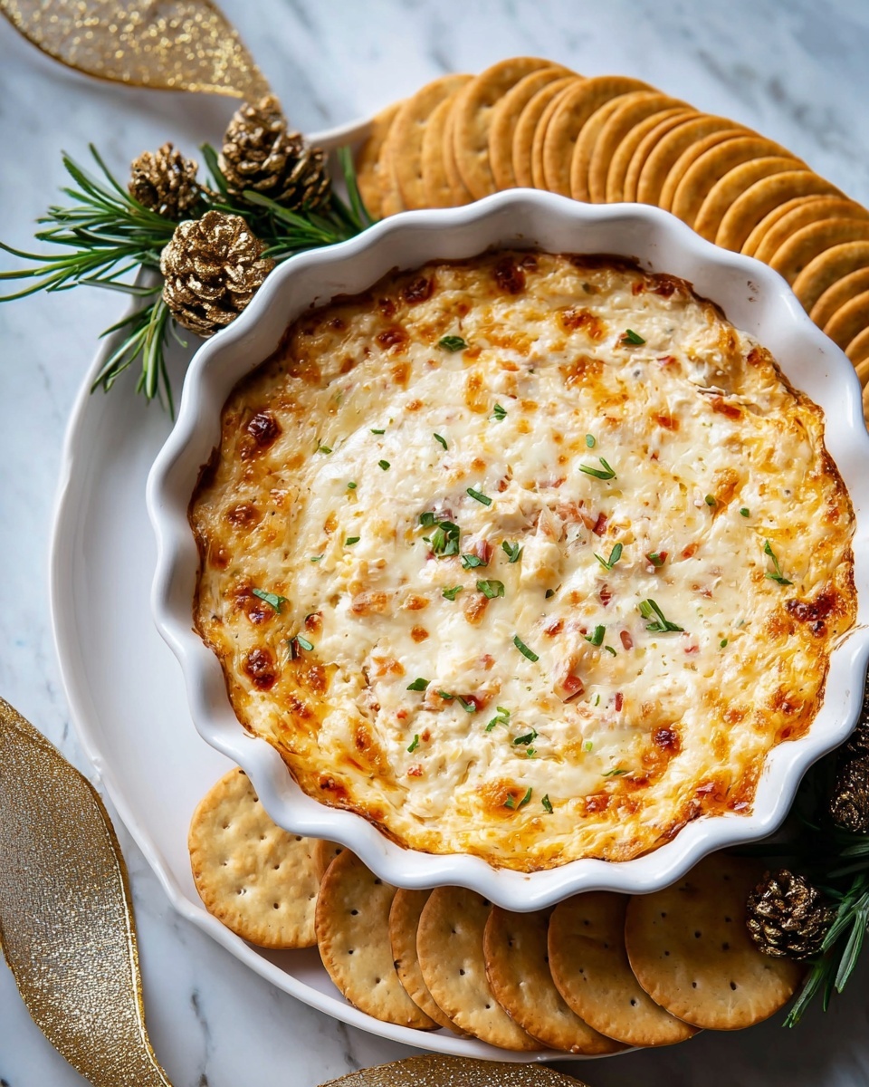 A white scalloped ceramic dish holds a creamy, baked dip with a golden brown top that is bubbly and slightly crisp, speckled with small bits of herbs and red pieces throughout. The dip's texture looks cheesy and smooth with melted cheese layers browning unevenly on the surface. The dish rests on a white plate with round crackers stacked around the top edge. Green sprigs of rosemary and gold pine cones with a shimmering gold ribbon decorate the plate. The background is a white marbled surface. Photo taken with an iphone --ar 4:5 --v 7