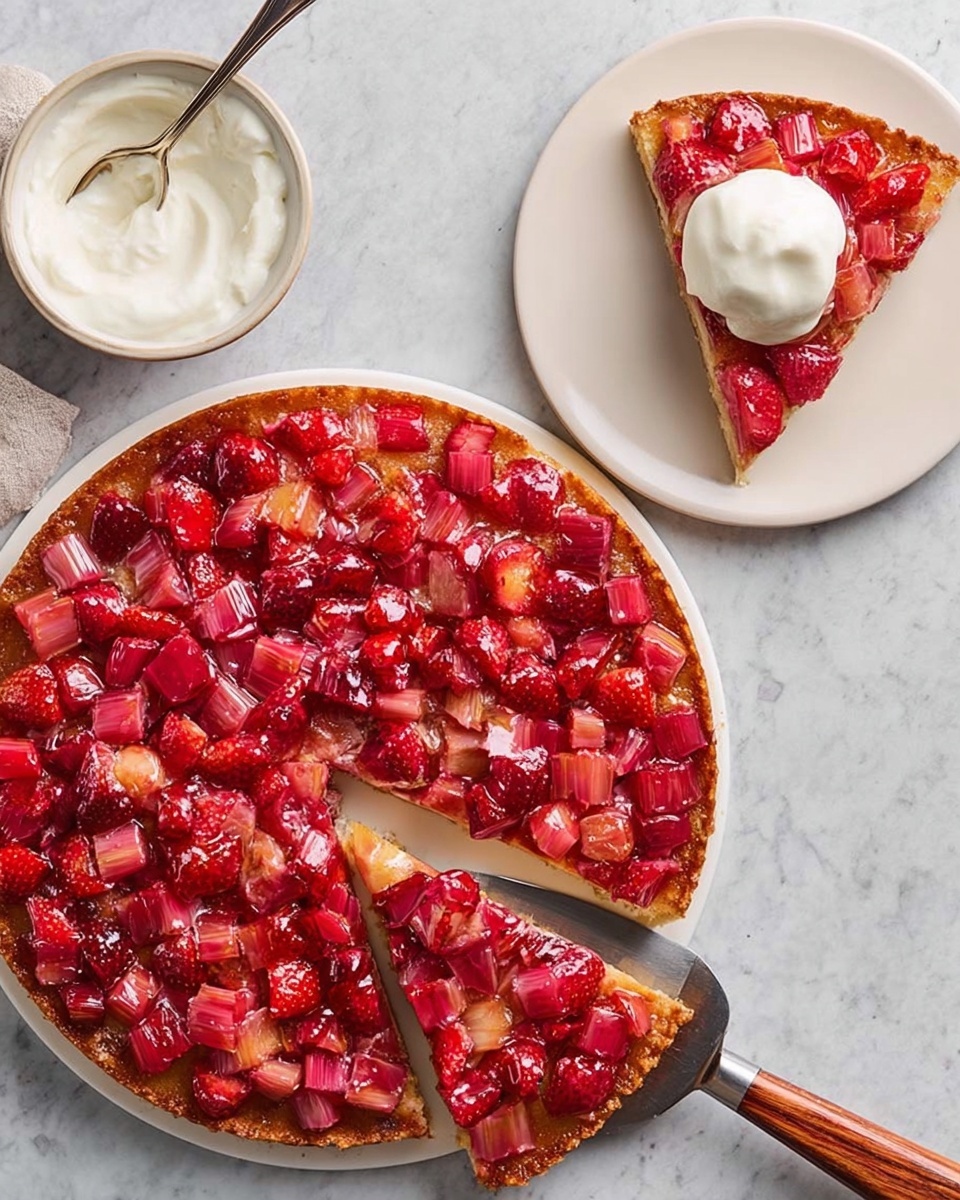 A round fruit tart on a white plate with a golden brown crust and a top layer covered in glossy, red and pink diced fruit pieces that look like strawberries and rhubarb, arranged closely together; one slice is being lifted by a wooden-handled spatula, showing the thick, shiny fruit layer over a light, slightly crumbly base; next to it, a single slice of the tart sits on a white plate topped with a scoop of white cream, accompanied by a silver fork; behind the plates, a small white bowl filled with smooth white cream has a silver spoon resting in it; all items rest on a white marbled surface, photo taken with an iphone --ar 4:5 --v 7