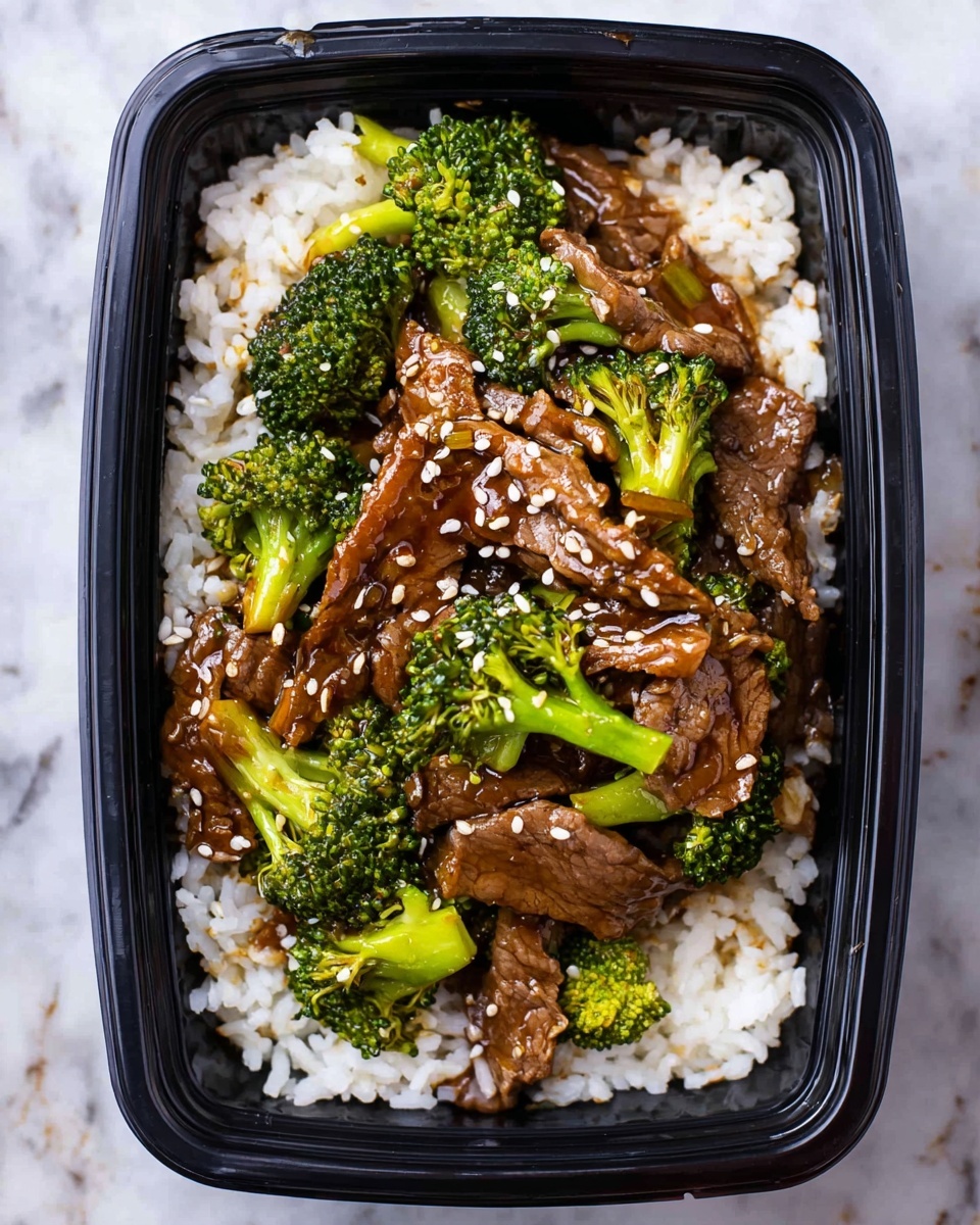 A black rectangular container holds a dish with two main layers: the bottom layer is white rice with a soft, fluffy texture, covering the whole base, and the top layer is sliced cooked beef pieces in a brown sauce mixed with bright green broccoli florets. The beef slices are medium brown with a glossy sauce coating, and the broccoli is vibrant with some stalks visible. White sesame seeds are sprinkled over the beef and broccoli, adding small white accents. The background surface is a white marbled texture. Photo taken with an iphone --ar 4:5 --v 7