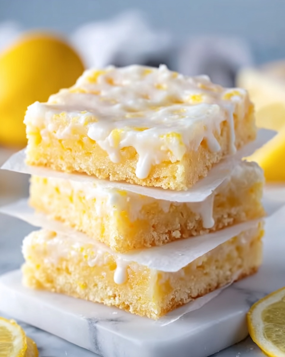The image shows a stack of three square lemon bars on a white marbled surface, each separated by a thin piece of white parchment paper. The lemon bars have a light yellow color with a soft, crumbly texture visible on the sides, topped with a smooth, glossy white icing that drips slightly down the edges. In the background, there is a blurred lemon and light-colored fabric, adding a fresh and clean look to the scene. The lighting is bright and natural, making the bars look moist and inviting. Photo taken with an iphone --ar 4:5 --v 7