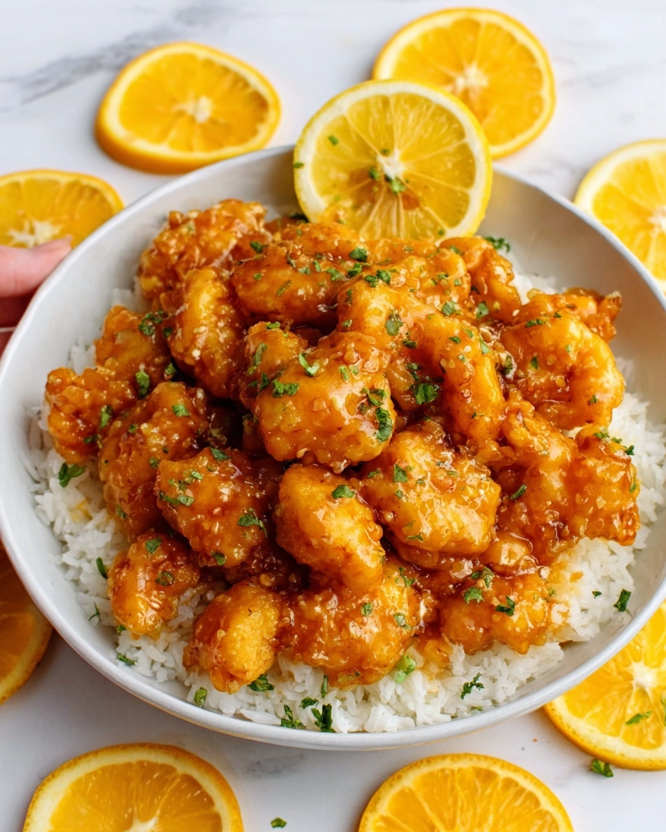 The image shows a white plate filled with white rice topped with golden brown fried chicken pieces covered in orange sauce. The chicken pieces have a crispy texture, and the sauce looks sticky and shiny. Bright green chopped herbs are sprinkled on top of the chicken for color contrast. A thick slice of lemon with visible seeds stands upright at the back edge of the plate. Around the plate, several lemon slices are scattered on a white marbled surface. A woman’s hand is holding the edge of the plate. photo taken with an iphone --ar 4:5 --v 7