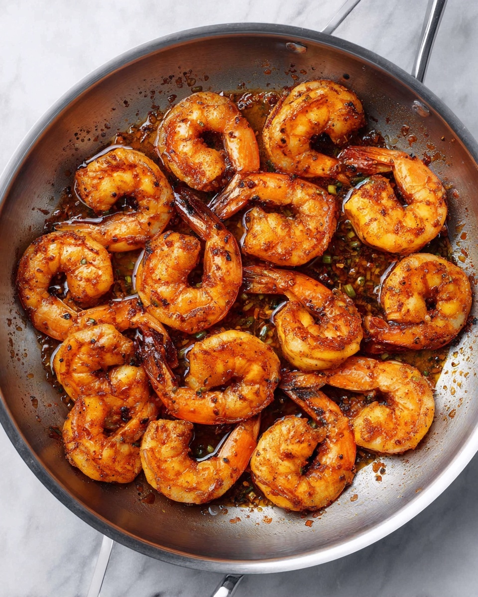 A round stainless steel pan filled with about twenty cooked shrimp, each with a bright orange-pink color and slightly charred spots, showing a spicy seasoning coating. The shrimp are spread evenly across the pan, some curled tightly, others more open, with the tails still attached. The bottom of the pan has a glossy layer of seasoning sauce and small bits of spices, adding a rich, textured look. The pan rests on a white marbled surface. Photo taken with an iphone --ar 4:5 --v 7