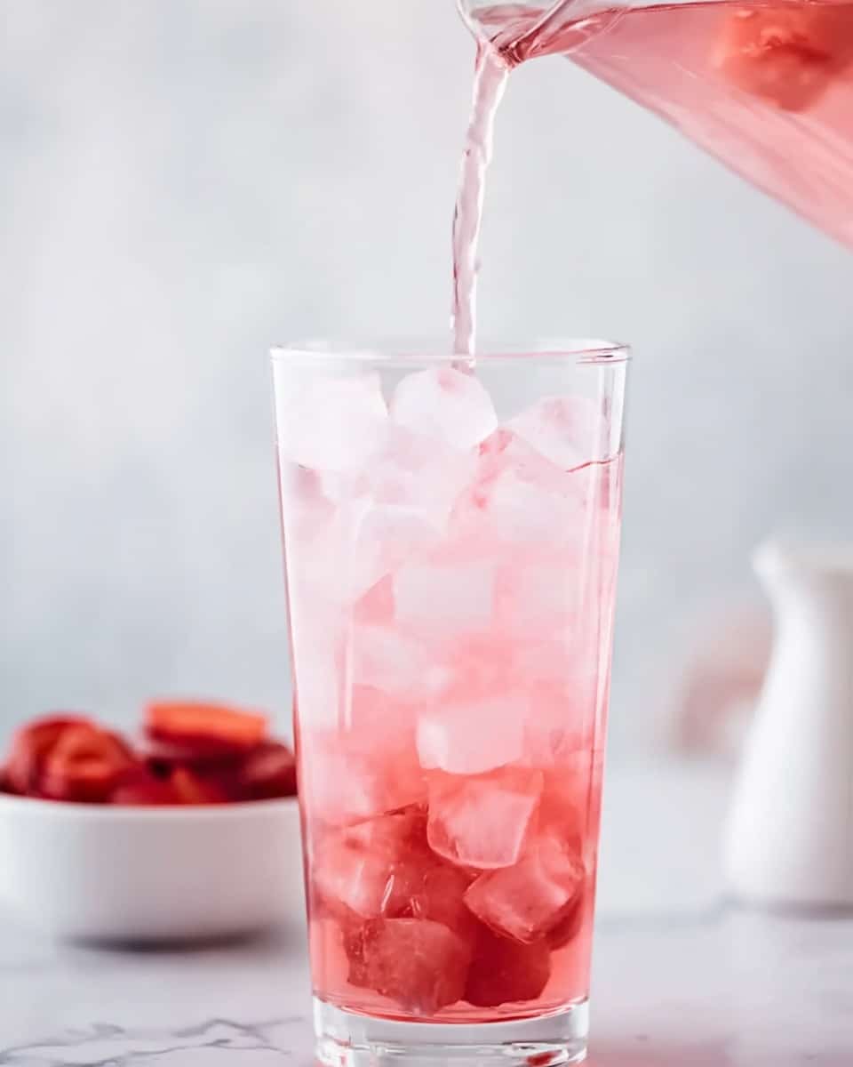 A clear tall glass filled with a layer of ice cubes that are light pink from the pink liquid being poured into the glass from above by a woman's hand, with soft light creating a fresh and cool look. In the background, a white marbled surface holds a small white bowl filled with red fruit pieces and a small white pitcher blurred out. The scene is clean, bright, and focused on the refreshing drink. photo taken with an iphone --ar 4:5 --v 7