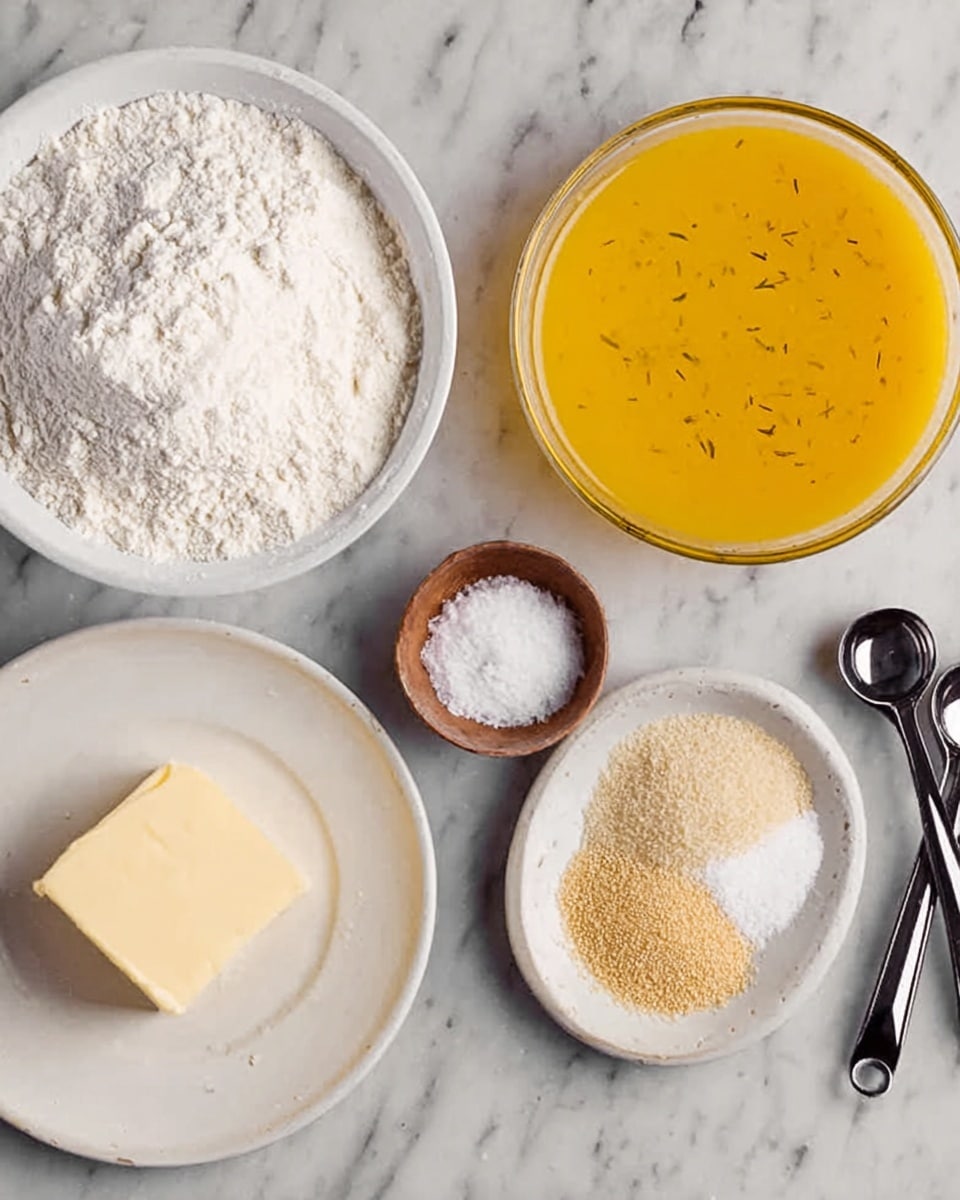 The image shows a collection of baking ingredients placed on a white marbled surface. There is a white bowl filled with white flour on the top left, next to a clear glass bowl with bright yellow liquid batter with some herbs, at the top right. Below the flour bowl, there is a small white plate with four layers: a solid pale yellow piece of butter on the left side. Next to it, a white plate with three piles of dry ingredients: white salt, light brown powder, and beige granules arranged in a neat row. Small metal measuring spoons are located at the bottom right corner near the glass batter bowl. photo taken with an iphone --ar 4:5 --v 7