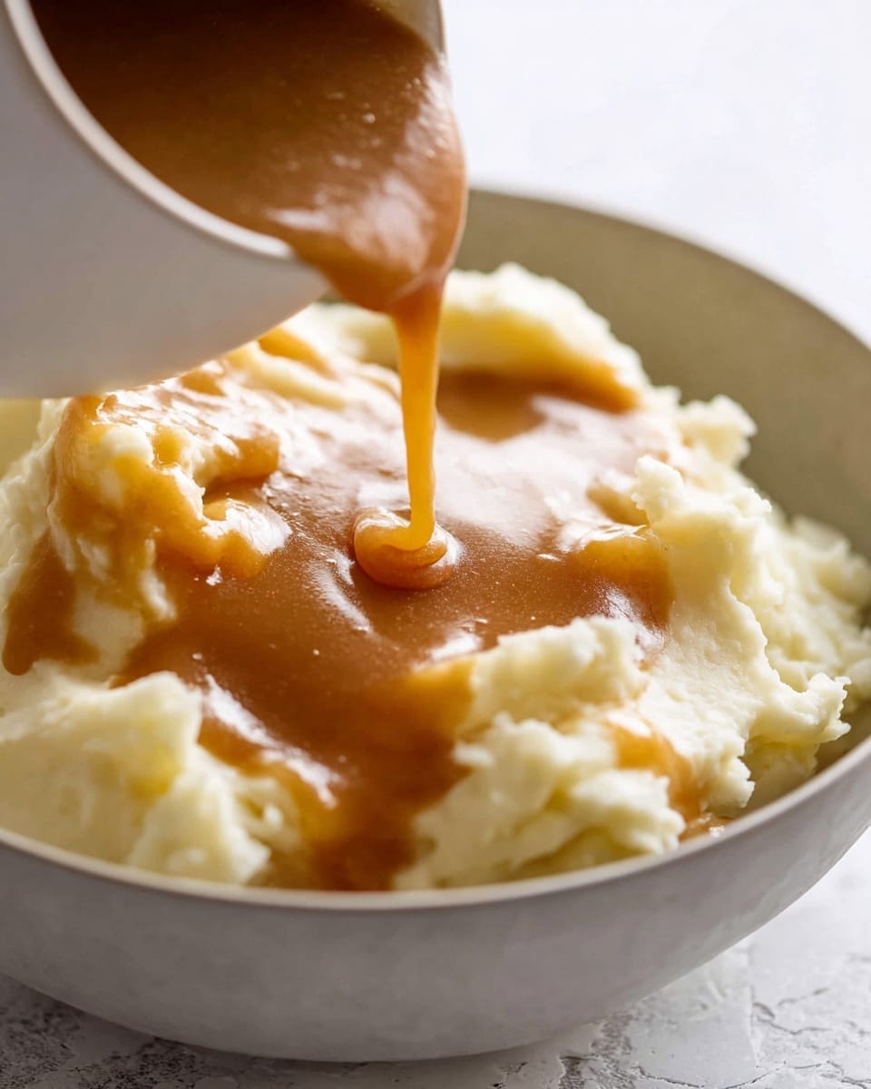 A close-up shot shows a light grey bowl filled with creamy white mashed potatoes that have a smooth, fluffy texture. From the top left corner, thick, warm brown gravy is being poured in a steady stream over the mashed potatoes, creating a shiny, glossy layer that spreads slowly across the top. The background is softly blurred with a white marbled texture, giving a clean and simple look. photo taken with an iphone --ar 4:5 --v 7