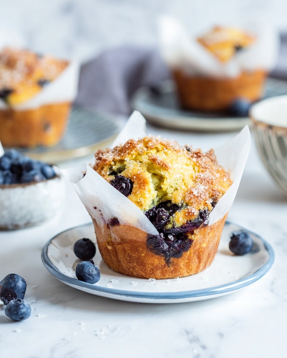 The image shows a round blueberry muffin sitting on a white plate with soft blue edges on a white marbled surface. The muffin has three main layers: the bottom golden brown crust, the middle pale yellow cake filled with dark purple blueberries, and the top bubbling golden crust sprinkled with sugar, which is cracked slightly in the center. The muffin is wrapped in white parchment paper that lifts up on the sides, revealing the berries inside. Around the plate, there are scattered fresh blueberries and blurred muffins and dishes in the background. Photo taken with an iphone --ar 4:5 --v 7