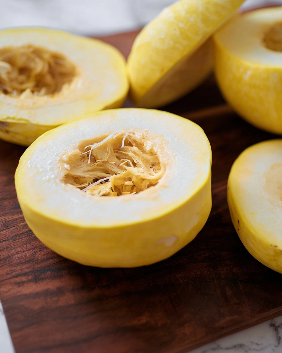 The image shows several round slices of yellow squash placed on a dark wooden surface. Each slice has a thick outer yellow skin and a pale, almost white inner layer with a hollow center filled with stringy, orange fibers and light-colored seeds. The texture of the inner flesh looks smooth and firm, creating a clear contrast with the rougher, fibrous center. The slices vary in focus, with some closer and sharper in the front and others more blurred in the back, all set against a white marbled background. photo taken with an iphone --ar 4:5 --v 7