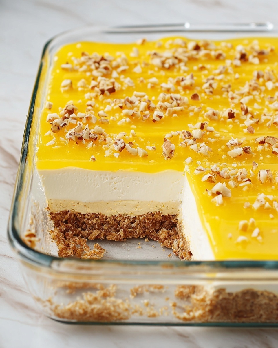 The image shows a three-layer dessert in a clear rectangular glass dish on a white marbled surface. The bottom layer is a crumbly, brown nut crust. The middle layer is a thick, smooth white cream or mousse. The top layer is a bright yellow jelly or curd, sprinkled with small pieces of chopped nuts. A square piece has been removed from the front right corner, revealing the layers clearly. Photo taken with an iphone --ar 4:5 --v 7