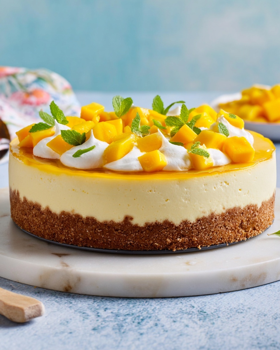 The image shows a round tart with three clear layers. The bottom layer is a thick brown crust that goes up the sides, holding the tart together. On top of the crust is a bright yellow creamy custard layer that looks smooth and firm. The top layer is white whipped cream, softly spread in dollops across half the tart, with small cubes of orange-yellow mango and green mint leaves placed on top for decoration. The tart sits on a white marbled surface with some crumbs around it, and in the background, there is a white pot with a green leafy plant. photo taken with an iphone --ar 4:5 --v 7