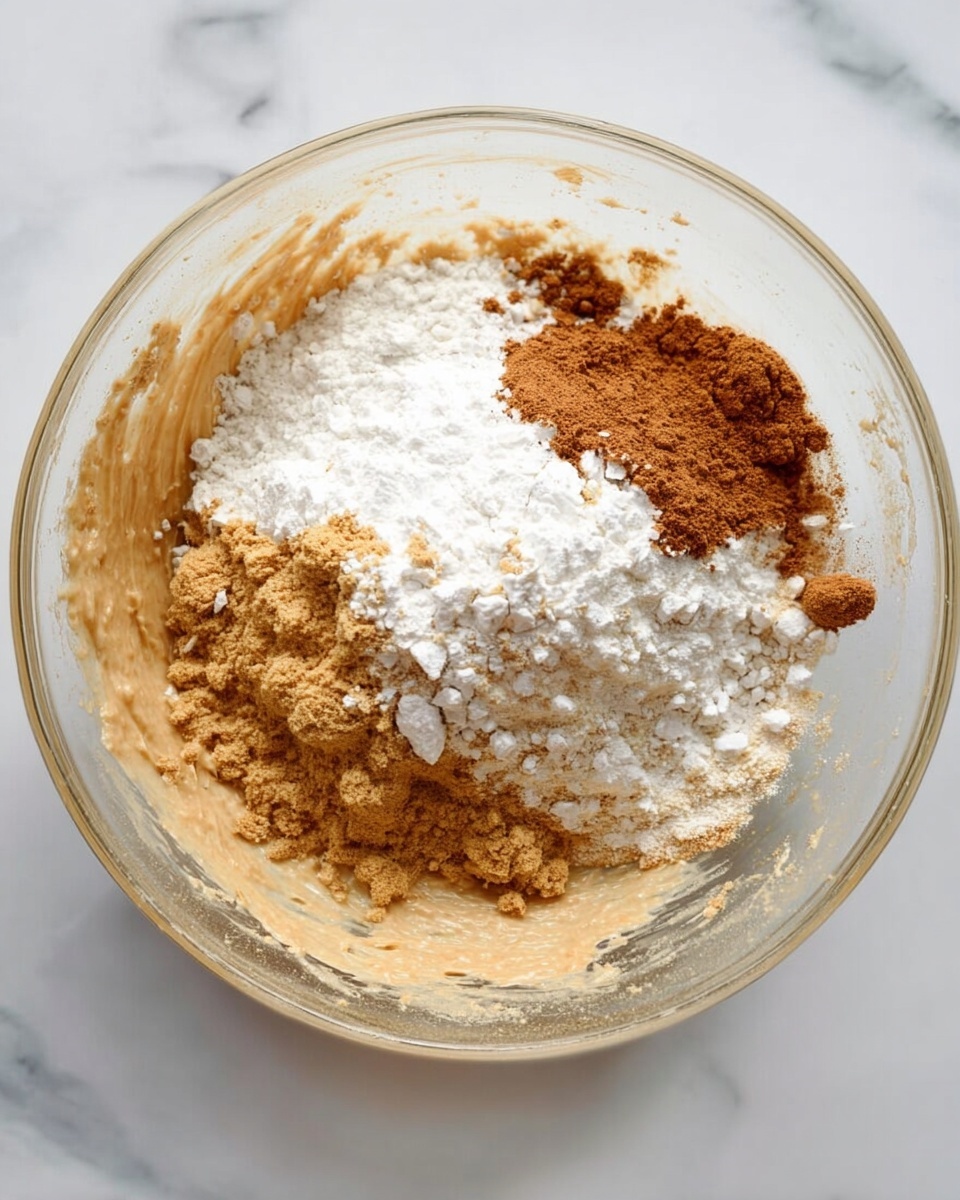 A clear glass bowl sits on a white marbled surface, containing a mix of ingredients in layers. At the bottom is a thick light brown creamy mixture, surrounding three piled dry powders on top: a bright white powder covering most of the center, a darker brown powder to the right side, and a smaller amount of white powder to the left. Some of the light brown mixture is spread along the inside edge of the bowl. The scene is well-lit and clearly shows the texture of each ingredient. Photo taken with an iphone --ar 4:5 --v 7