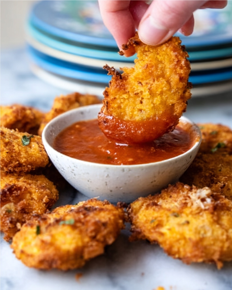 The image shows a close-up of a crispy, golden brown fried snack being dipped into a small white bowl of red sauce. The snack has a rough, crunchy texture with uneven edges and slightly darker toasted bits on top. Several similar fried pieces are scattered around the bowl on a white marbled surface. A woman's hand is holding one piece just above the sauce, about to dip it. In the background, there are stacked white plates with a blue rim, blurred softly. Photo taken with an iphone --ar 4:5 --v 7