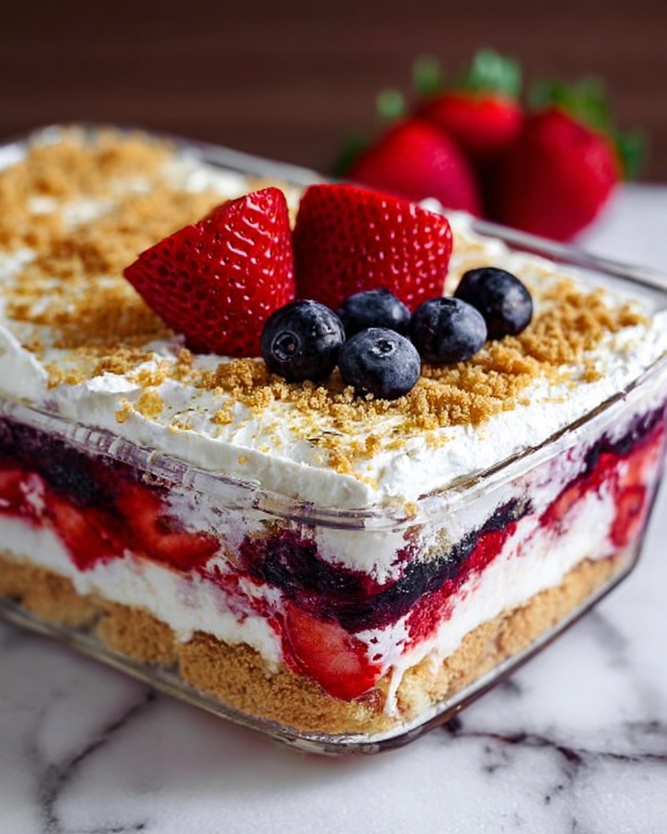 The image shows a clear glass dish with a multi-layered dessert inside. The bottom layer is a thick golden crumb crust. Above that, there is a white creamy layer, followed by a red berry layer with visible pieces of strawberries. Next is another white creamy layer with a dark purple blueberry layer on top. The whole dessert is topped with a thick layer of white cream, sprinkled with golden crumbs. On top, there are two bright red strawberries and several blueberries arranged neatly. The dish is placed on a white marbled surface. photo taken with an iphone --ar 4:5 --v 7