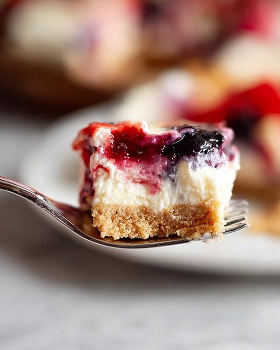 A close-up of a fork holding a bite of a dessert with three visible layers: the bottom layer is a light brown crumbly crust, the middle layer is thick and creamy white, and the top layer is a mix of red, purple, and black fruit swirls blending into the creamy layer. In the blurred background, a white plate stands on a white marbled surface. A woman's hand holds the fork. Photo taken with an iphone --ar 4:5 --v 7