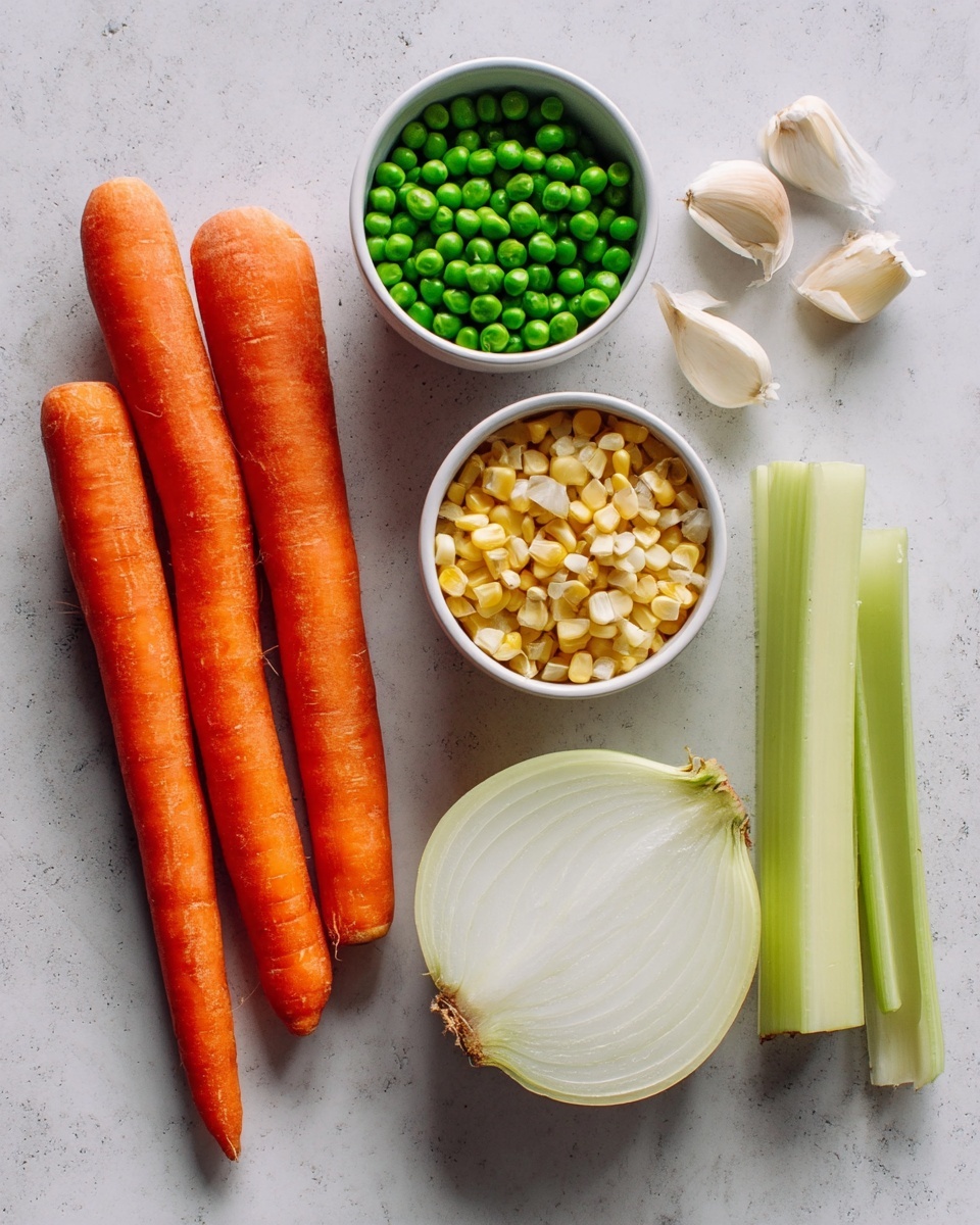 The image shows fresh vegetables and garlic on a white marbled surface. On the left, there are four long orange carrots. To the right of the carrots, there is a white onion cut in half, showing its light layers inside. Above the onion, there are two small white bowls: one filled with bright green peas and the other with small yellow corn kernels. Above the bowls to the right, there are three cloves of garlic with white and light beige skin. On the far right, three pale green celery stalks are placed side by side. The colors are natural and fresh, with the vegetables arranged separately but close together photo taken with an iphone --ar 4:5 --v 7