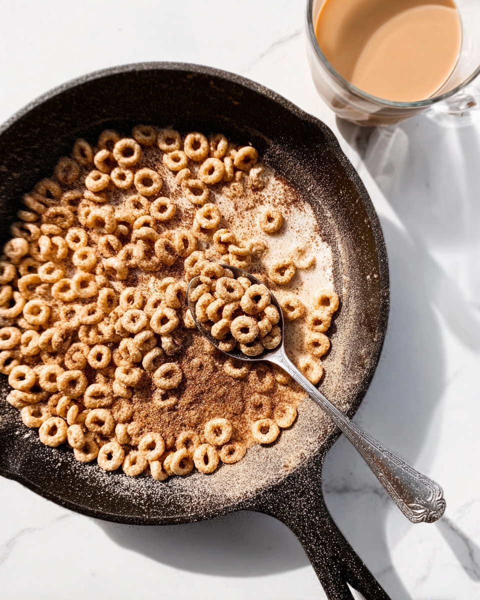 The image shows a black cast iron pan filled with a single layer of round cereal pieces that are light brown and some sprinkled with dark brown powder, likely cinnamon or sugar. A silver spoon rests inside the pan on the right side, scooping some cereal. The scene is set on a white marbled surface with a clear glass cup filled with a light brown drink placed on the top right corner. The lighting emphasizes the textures of the cereal and the metal pan. Photo taken with an iphone --ar 4:5 --v 7