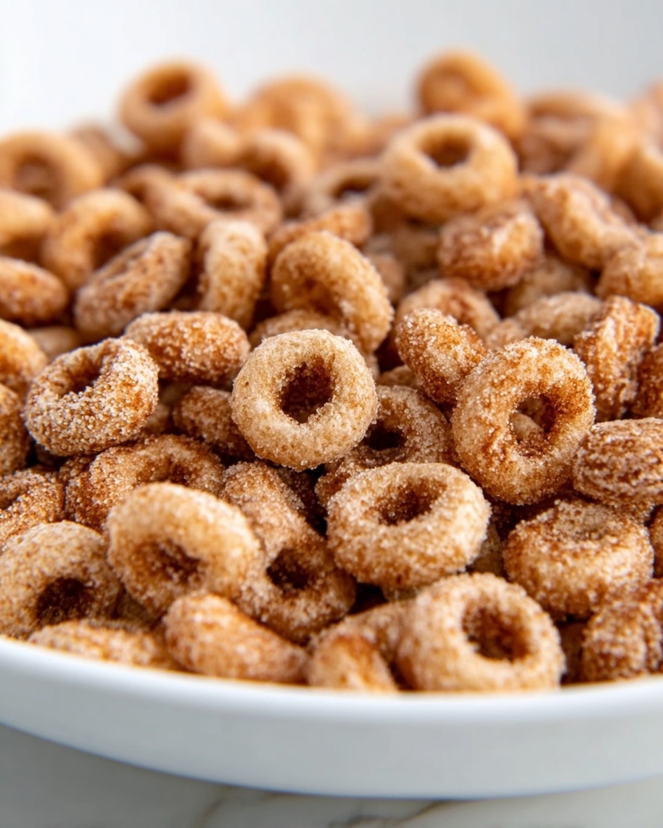 A close-up view of a white bowl filled with small round cereal rings coated in cinnamon sugar, showing a mix of light and darker brown shades with a grainy sugar texture visible on the surface. The cereal pieces cover the bowl evenly with some slightly overlapping and the white marbled texture visible in the background. The focus is on the cereal, highlighting the texture and coating of cinnamon sugar on each piece, photo taken with an iphone --ar 4:5 --v 7