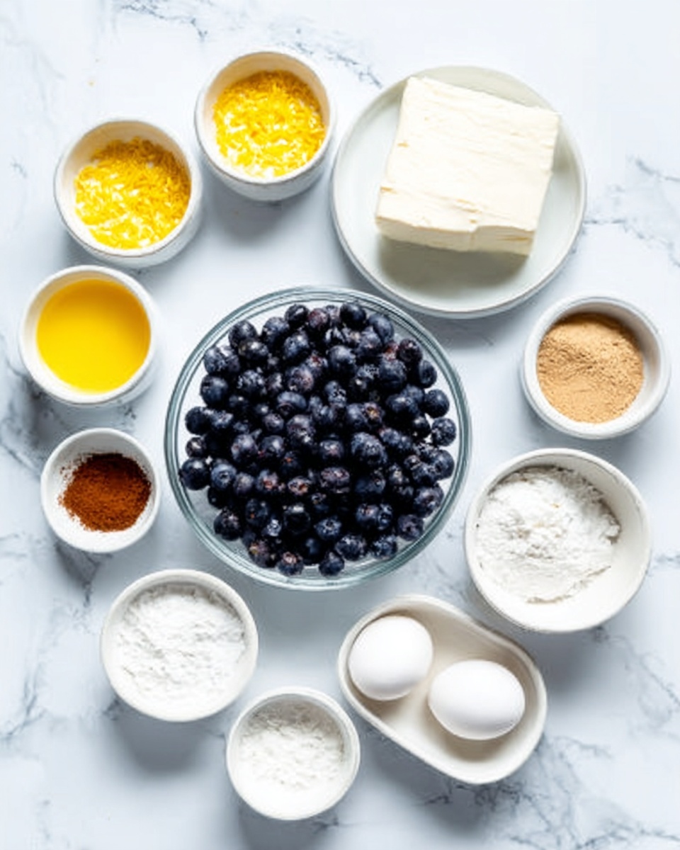 The image shows 12 small white bowls arranged on a white marbled surface. In the front, there is a large clear bowl filled with fresh dark blueberries. To the right and slightly behind this bowl, there is a medium clear bowl holding two blocks of white cream cheese or butter. Surrounding these, smaller bowls each hold different ingredients: bright yellow lemon zest, yellow liquid (likely melted butter), two raw eggs in a small bowl, white powder (likely sugar or flour), two brown powders (possibly spices), a white powder (flour or sugar), and a light brown powder. The bowls are neat, clean, and spaced out evenly, showing a preparation stage for baking or cooking. The colors focus on white, yellow, brown, and blue, with the textures smooth and powdery. Photo taken with an iphone --ar 4:5 --v 7
