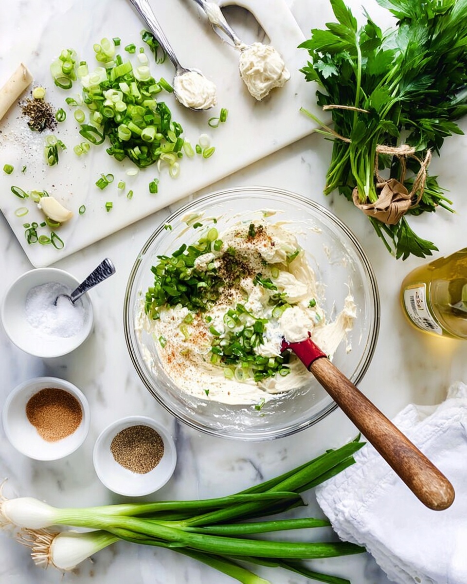 The image shows a clear glass bowl centered on a white marbled surface, containing several layers of ingredients: white mayonnaise or creamy base at the bottom, topped with chopped green onions, ground black pepper, and a light brown spice, all lightly mixed with a red spatula that has a wooden handle resting inside it. To the left, a white cutting board holds chopped green onions, parsley leaves, whole parsley sprigs, and a small metal spoon with a white creamy substance. Around the bowl, there are several small white bowls and containers holding salt, a brown spice, and black pepper. There is also a bunch of tied green onions and a bottle with a yellow liquid on the right. A white cloth napkin is partly visible near the top right corner. The entire setup is on a white marbled surface. photo taken with an iphone --ar 4:5 --v 7
