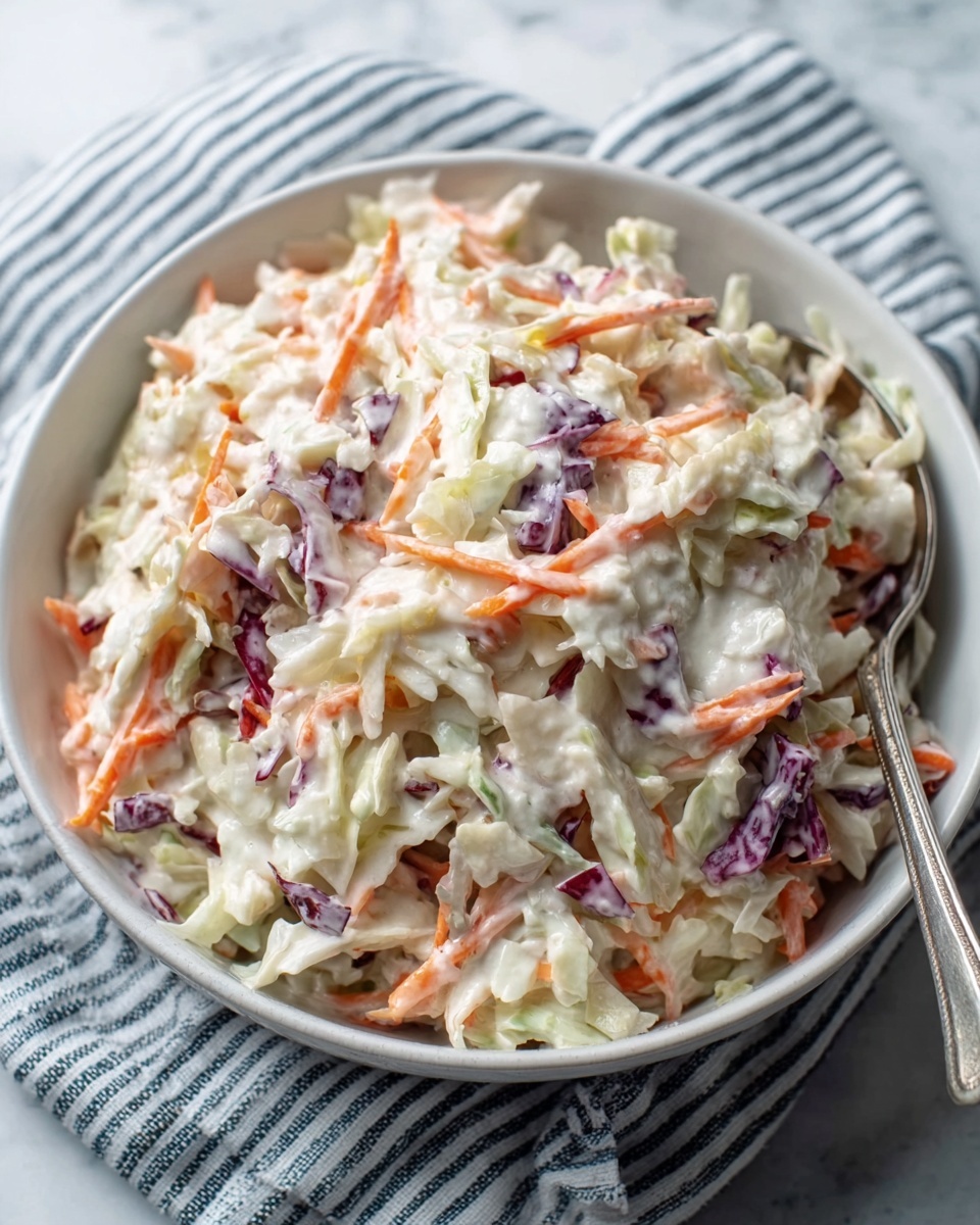 The image shows a bowl of creamy coleslaw made of shredded white cabbage, thin orange carrot strips, and small bits of purple cabbage mixed in a thick, white dressing. The coleslaw fills the white bowl fully, with a silver spoon resting on the side. The bowl is placed on a white marbled surface with a striped cloth nearby. The colors are soft and natural, with the textures of the shredded vegetables visible under the smooth dressing. photo taken with an iphone --ar 4:5 --v 7