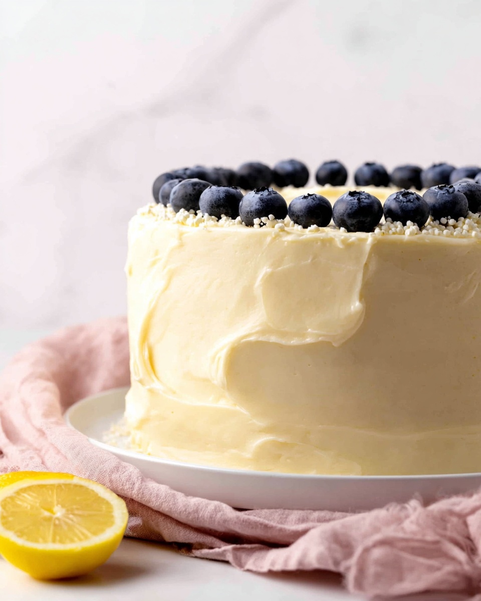 A close-up view of a two-layer cake covered with thick, creamy pale yellow frosting that has a smooth, swirled texture on the sides and top. On the top edge, there is a neat circle of fresh dark blue blueberries, evenly spaced. The cake sits on a white plate, placed on a soft pink cloth on a white marbled surface. A fresh lemon half is placed near the bottom left of the plate. photo taken with an iphone --ar 4:5 --v 7