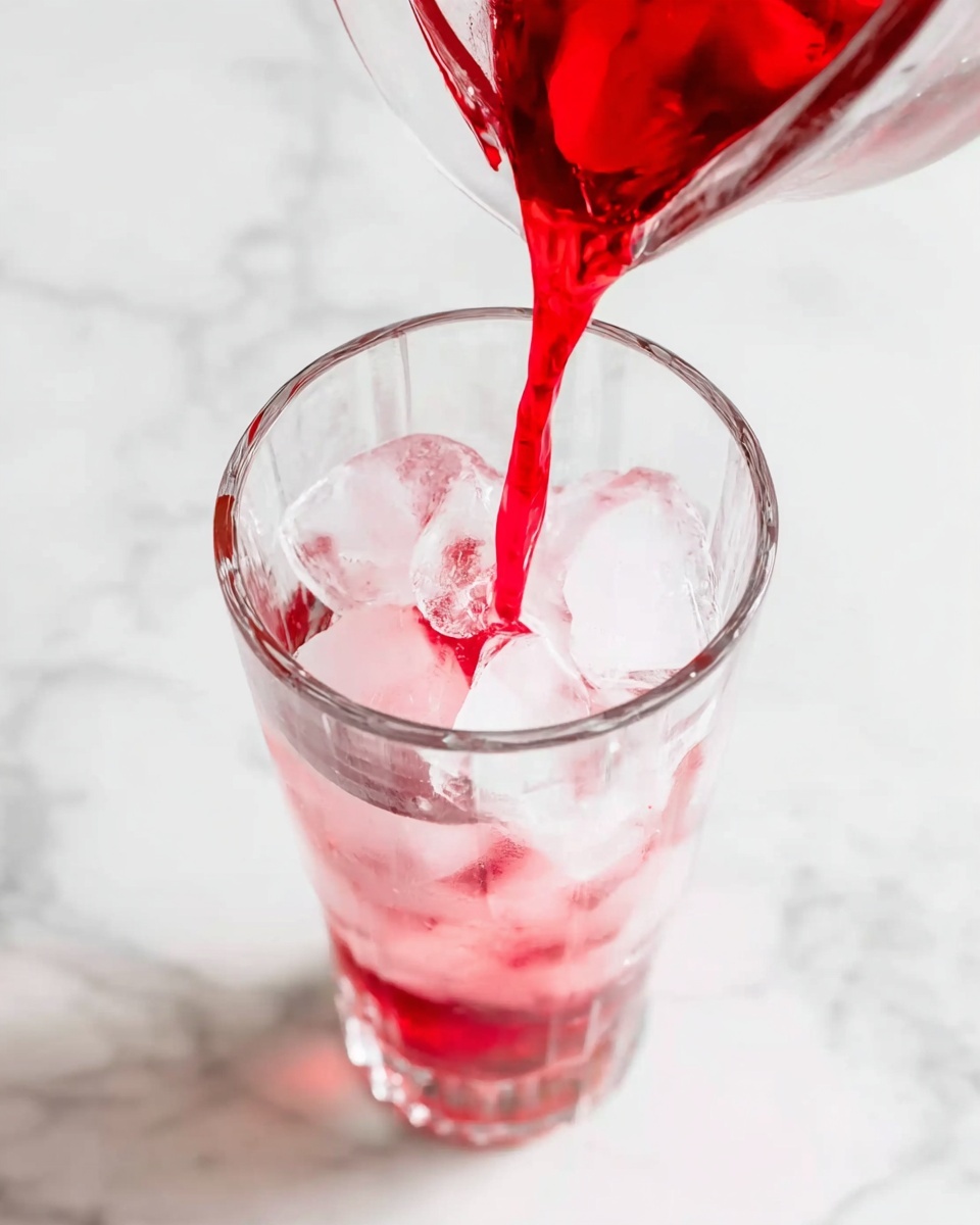 A clear glass filled with ice cubes is shown from above, placed on a white marbled surface. Bright red liquid is being poured into the glass from a clear glass pitcher held by a woman's hand at the top right corner. The red liquid contrasts with the transparent ice, creating a mix of white and pink shades inside the glass as the liquid flows down. The overall image is bright and clean with a fresh and simple feel. photo taken with an iphone --ar 4:5 --v 7