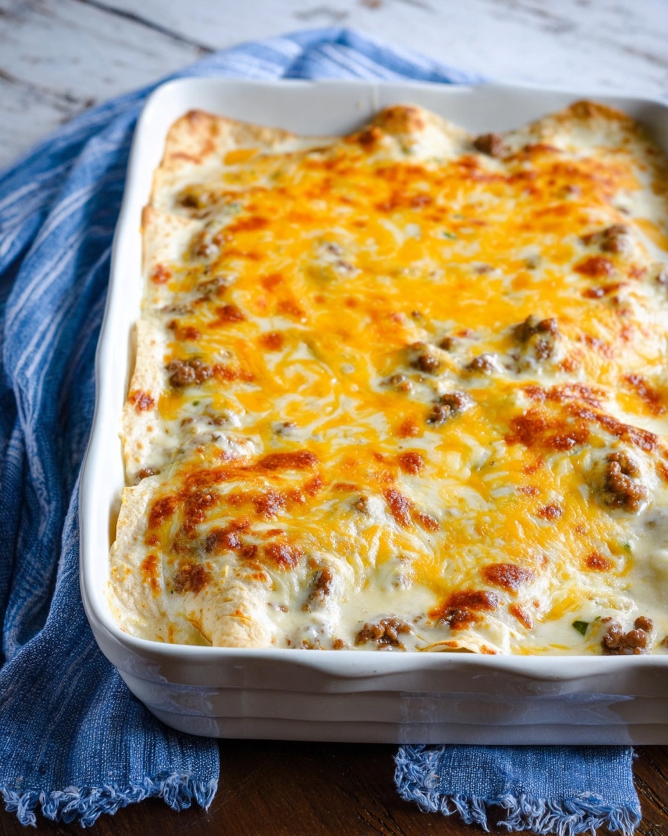 The dish is a baked casserole with three main visible layers inside a white rectangular baking dish. The bottom layer is a light beige soft base, likely tortillas, slightly folded at the edges. Above this is a creamy white sauce mixed with small pieces of browned meat, giving a chunky texture spread evenly. The top layer is melted cheese with bright yellow and pale orange spots, showing a bubbly and slightly browned texture. The dish sits on a blue and white striped cloth on a wooden table with a white marbled background. Photo taken with an iphone --ar 4:5 --v 7