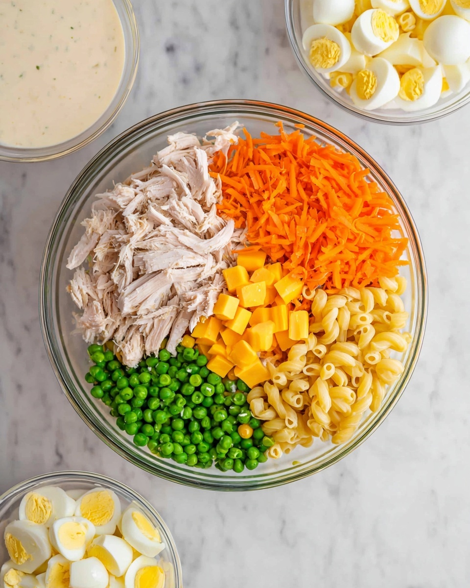 A clear glass bowl contains six distinct layers of ingredients. Starting from the top right and moving clockwise, there is shredded light beige chicken, bright shredded orange carrots, fresh green peas, medium yellow cubed cheddar cheese, pale yellow elbow macaroni pasta, and resting beneath all these layers is a sprinkling of green peas again. Around the bowl, on a white marbled surface, there are two smaller clear bowls, one filled with a creamy white dressing and the other with diced hard-boiled eggs showing white and bright yellow colors. The image is bright with a clean and fresh feel, showing the ingredients ready to be mixed. Photo taken with an iphone --ar 4:5 --v 7