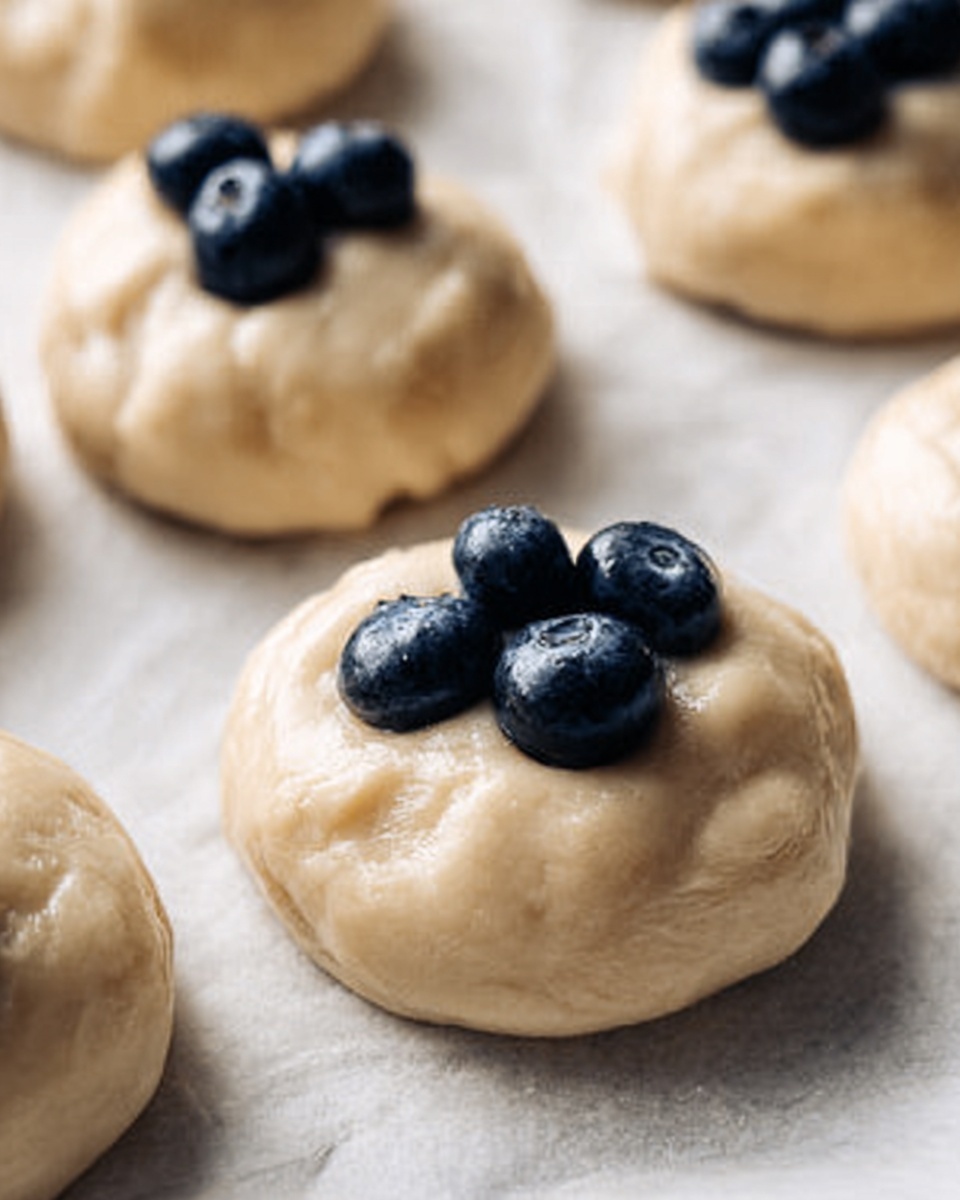 The image shows small round dough pieces placed on white baking paper over a white marbled surface. Each dough piece is pale beige with a smooth but slightly thick texture. On top of every dough mound, a cluster of three shiny, dark blue blueberries sits in the center. The dough looks soft and slightly puffy, with no visible browning or baking yet. The setting has soft light, highlighting the dough's smoothness and the blueberries' fresh, glossy look. photo taken with an iphone --ar 4:5 --v 7