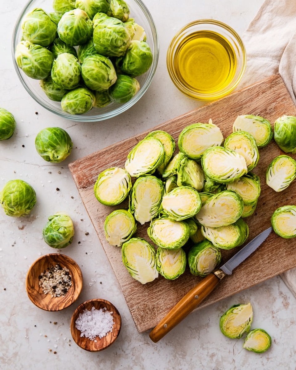 A wooden cutting board holds about fifteen halved Brussels sprouts showing their light green and white inner leaves, arranged loosely with a small knife with a wooden handle resting on the right side of the board. Around the board, some whole and halved Brussels sprouts scatter on a white marbled surface. To the top left, a clear glass bowl is full of whole and halved Brussels sprouts. At the top right, there is a small clear glass bowl filled with golden olive oil. Below it, two small wooden bowls contain coarse white salt and ground black pepper. The overall setup is bright and fresh, with green, white, yellow, and wood colors present. photo taken with an iphone --ar 4:5 --v 7