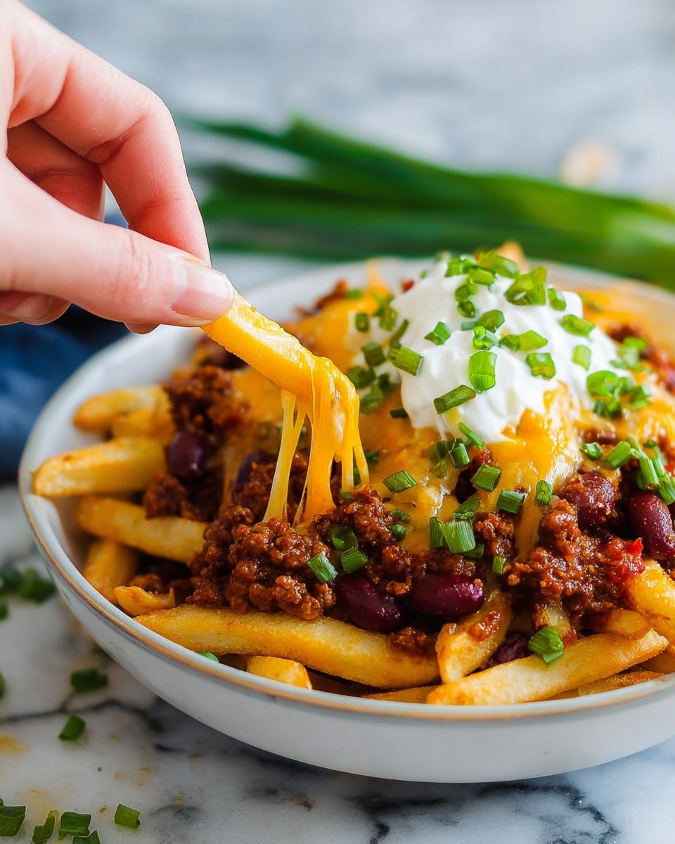A white bowl filled with a base layer of golden, crispy fries. On top of the fries is a layer of brown, cooked ground meat mixed with dark red kidney beans, covered with melted bright orange cheddar cheese. Over the cheese, there is a dollop of white sour cream, sprinkled with small green chopped scallions. A woman's hand is seen picking up one fry that is covered with melted cheese. The bowl sits on a white marbled surface with some green scallions in the background. photo taken with an iphone --ar 4:5 --v 7