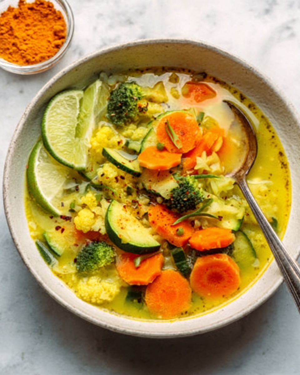 A white bowl holds a colorful vegetable soup with several layers: at the bottom, bright yellow broth with visible spices and herbs, filled with slices of orange carrots shaped like stars, thin green zucchini rounds, and small pieces of broccoli. On top, a light green lime wedge rests on the edge of the bowl. A silver spoon sits inside the bowl, partly submerged in the soup. The bowl is set on a white marbled surface with a small glass bowl of bright orange powder nearby. photo taken with an iphone --ar 4:5 --v 7