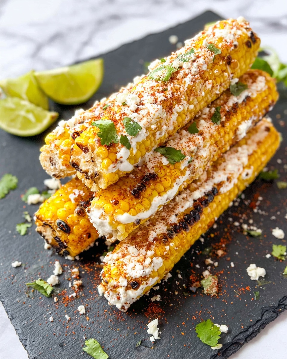 A close-up of several grilled corn pieces with charred spots and sprinkled with green herbs, arranged around a white bowl filled with a creamy white sauce that has a drizzle of red spice powder and oil on top; one grilled corn piece is being dipped into the sauce by a woman's hand, showing the sauce coating the corn's yellow kernels. The background is a white marbled texture photo taken with an iphone --ar 4:5 --v 7