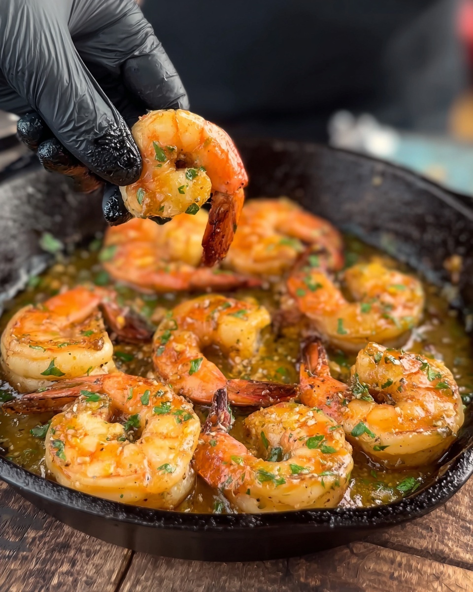 A close-up of a black cast iron skillet filled with cooked shrimp in a golden butter sauce, showing about 10 shrimp arranged closely. Each shrimp has a bright orange and light pink color with bits of green herbs sprinkled on top. A woman's hand wearing a black glove holds one shrimp up near the center of the image, showing off its glossy and juicy texture. The skillet sits on a wooden surface with a blurred background. photo taken with an iphone --ar 4:5 --v 7