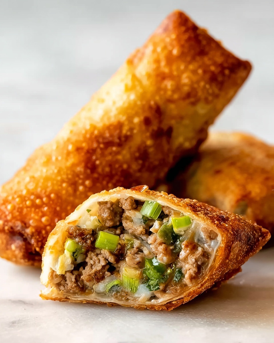 The image shows two golden-brown egg rolls on a white marbled surface. One egg roll is whole and placed horizontally in the background, while the other is cut in half and leaned against it in the foreground. The inside of the cut egg roll reveals layers of finely cooked meat mixed with bright green diced vegetables and a creamy, light-colored sauce. The outer shell looks crispy with a slightly bubbly texture. The focus is sharp on the cut egg roll’s filling, showing small pieces and a moist texture. Photo taken with an iphone --ar 4:5 --v 7