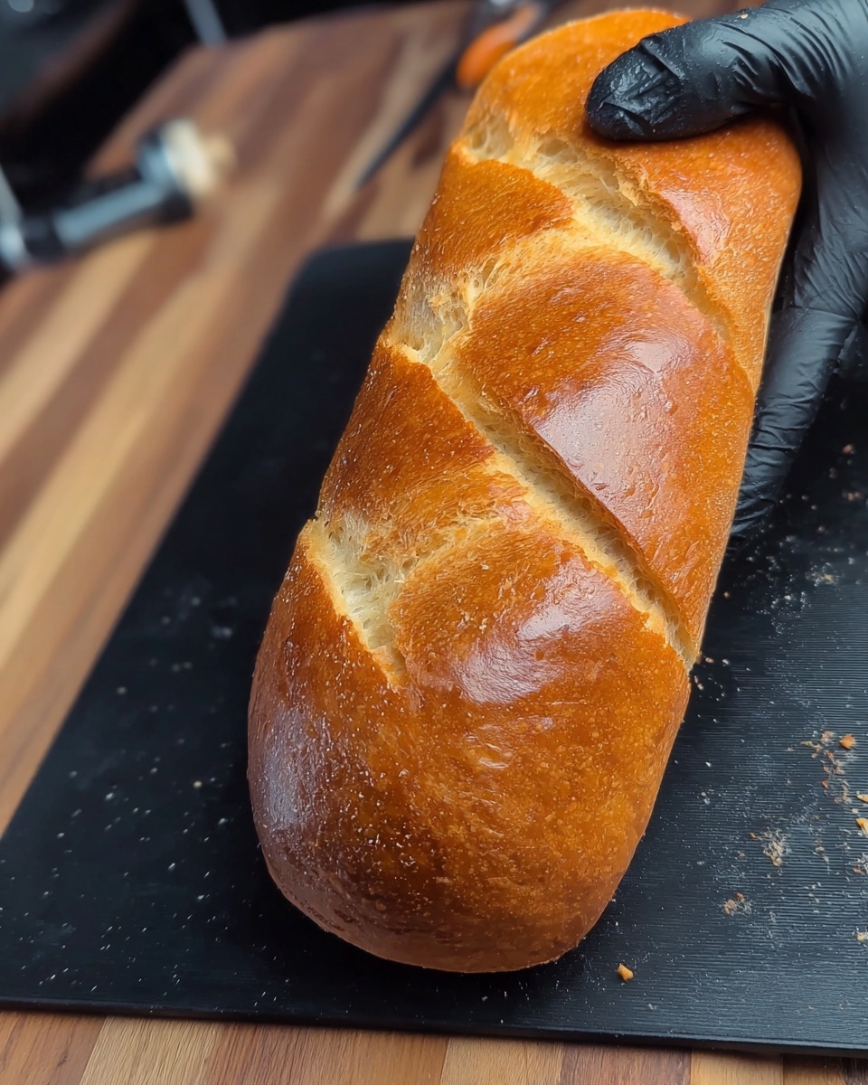 A close-up view shows a woman's hand wearing a black glove holding a long, golden-brown loaf of bread with a glossy crust. The bread has four diagonal cuts along the top, revealing the lighter, fluffy interior beneath the crust. The bread rests on a black cutting board placed on a wooden table. Photo taken with an iphone --ar 4:5 --v 7