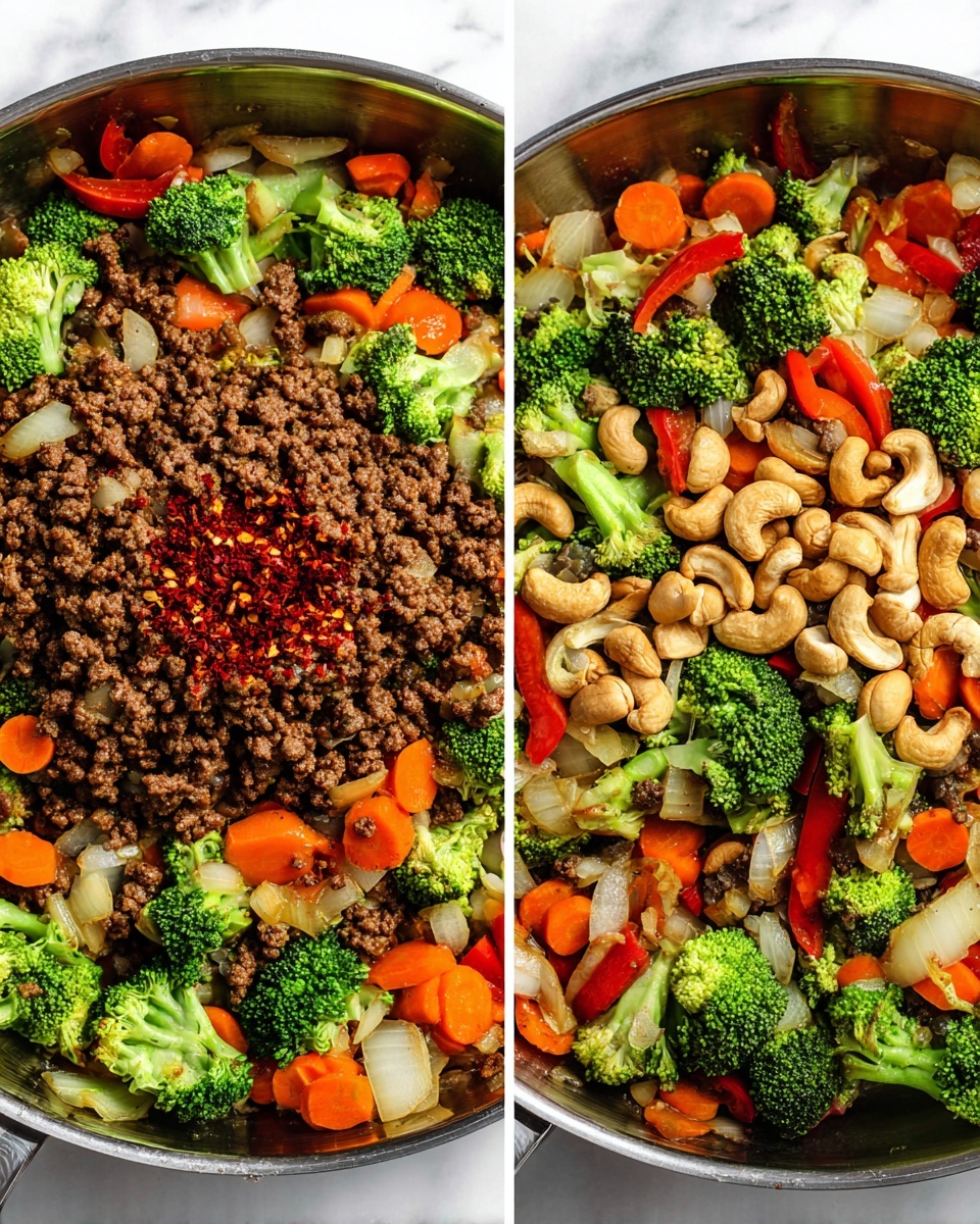 Two metal pans show a cooked mixture of colorful vegetables and ground meat. In both, there is a base of bright green broccoli florets, thick, curved slices of orange carrots, and chopped white onions with some pieces of red bell pepper scattered throughout. The first pan has a large pile of finely cooked brown ground meat topped with red chili flakes at the center, surrounded by the vegetables. The second pan shows the vegetables and cooked meat well mixed with the addition of a handful of light golden roasted cashew nuts spread on top. The background is a white marbled surface. photo taken with an iphone --ar 4:5 --v 7