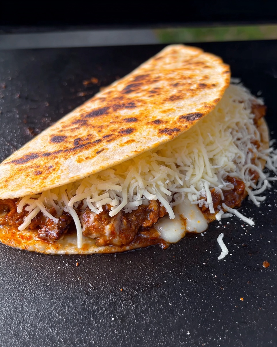 A toasted tortilla folded in half on a dark cooking surface, mostly covering layers inside; the bottom layer is melted white cheese with a soft texture, followed by cooked meat with a rich brown color, and the top layer is shredded white cheese spilling slightly from the edge. The tortilla is golden brown with some darker spots, showing a soft and slightly crispy texture. Photo taken with an iphone --ar 4:5 --v 7