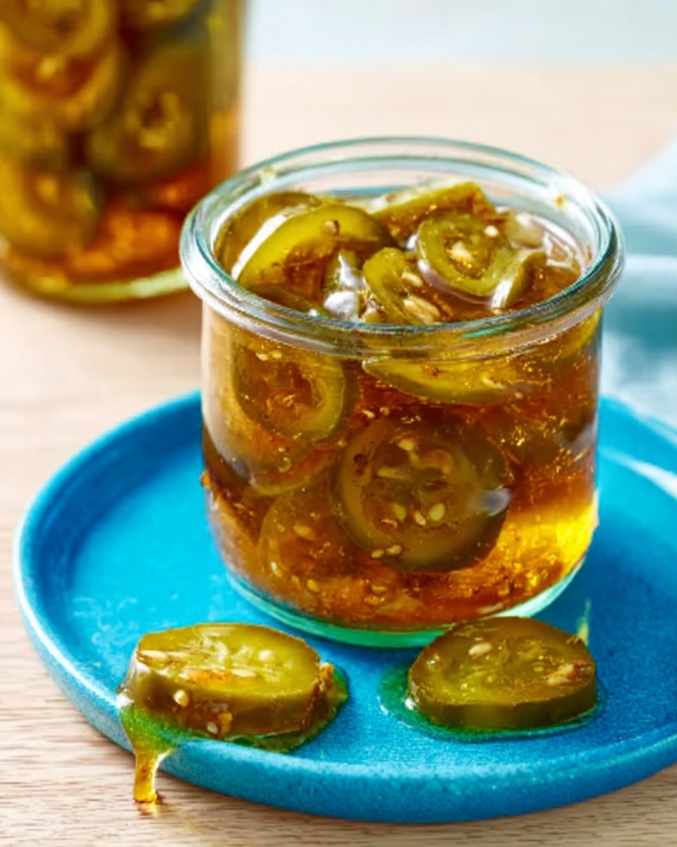 The image shows a clear glass jar filled with golden syrup and thin round slices of greenish-brown pickles floating inside. The jar sits on a light wooden surface beside a bright blue plate holding two pickle slices dripping with syrup. In the background, another glass jar is partially visible, filled with the same pickle and syrup mix. The whole scene is bright and clear with soft natural light. photo taken with an iphone --ar 4:5 --v 7