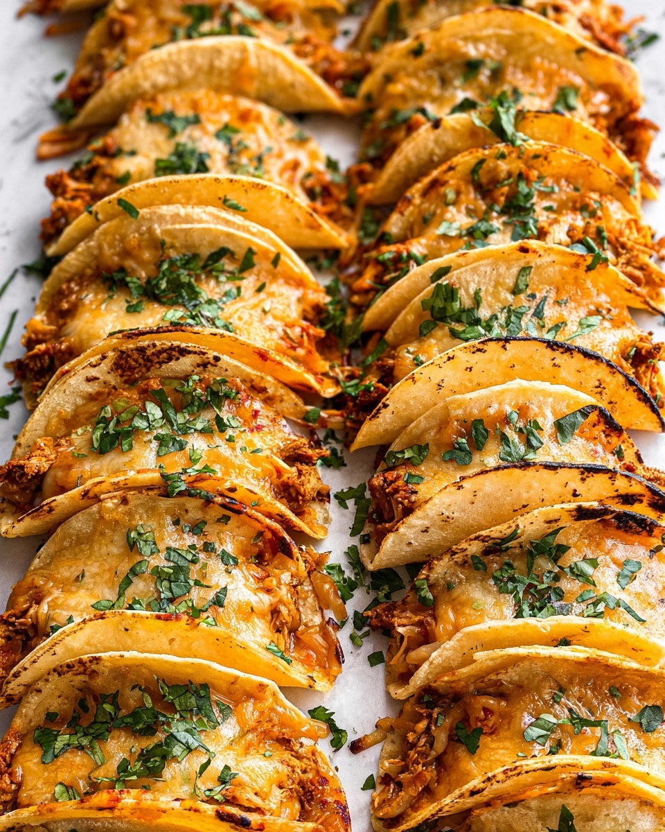 The image shows a white plate with seven small tacos arranged in two rows. Each taco has one layer of golden-brown, slightly crispy tortilla folded over a thick filling of melted orange cheese mixed with cooked shredded chicken, some edges slightly charred. On top of four tacos, there is a dollop of white sour cream, small bright red tomato chunks, and chopped green cilantro scattered all around. On the left side, a white bowl holds a smooth green guacamole with small bits of herbs. The whole scene is set on a white marbled surface. Photo taken with an iphone --ar 4:5 --v 7