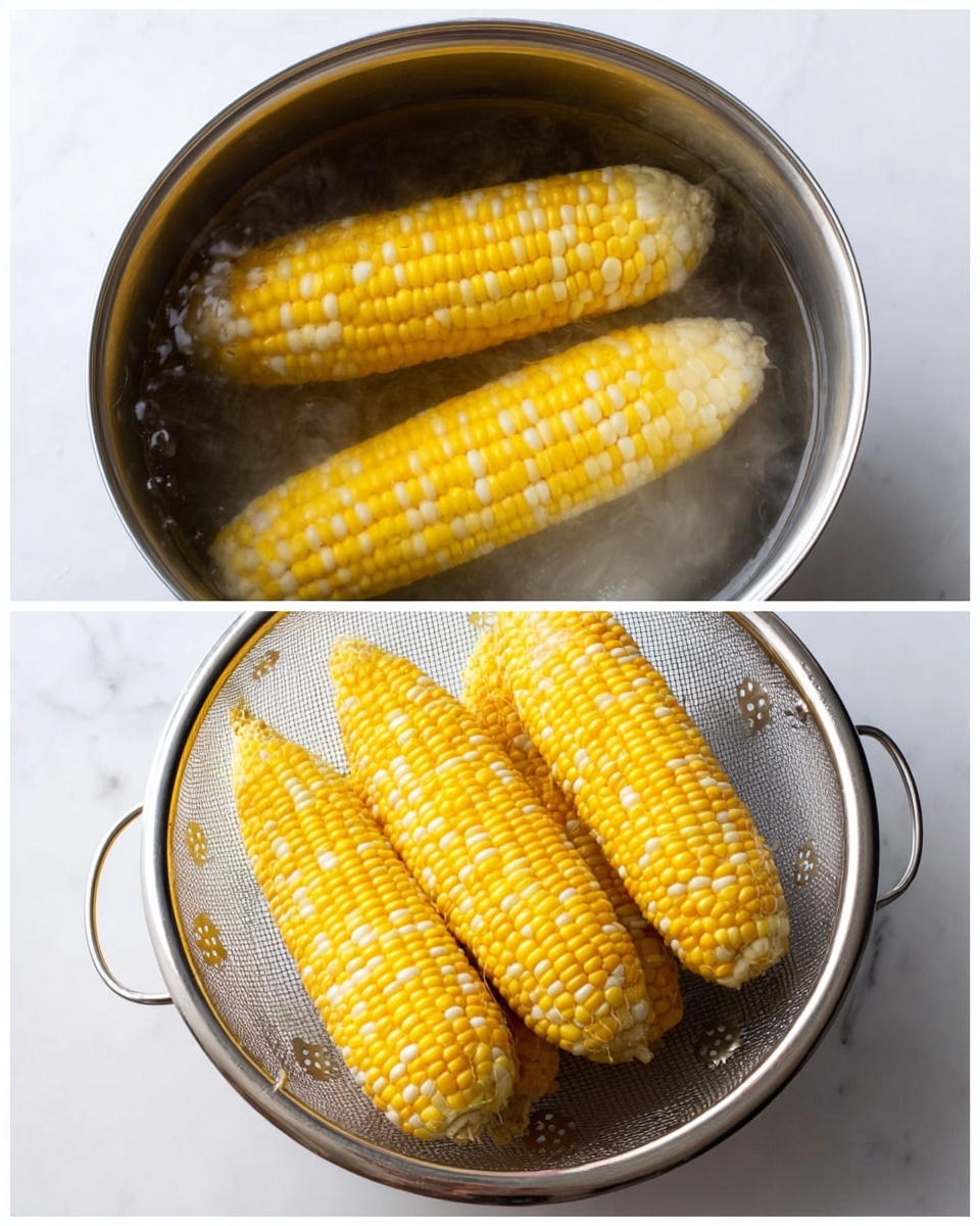 The image shows two side-by-side photos: the left side has four ears of yellow and white corn cooking in a metal pot filled with steaming water, with steam rising above the pot; the right side shows the same four ears of corn in a round metal colander with visible small holes, arranged closely together. Both photos are set on a white marbled surface. photo taken with an iphone --ar 4:5 --v 7