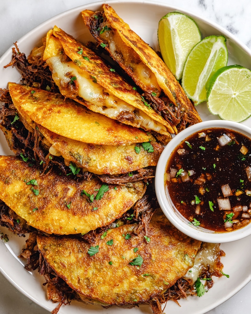 The image shows a white plate with five golden brown tacos, folded with a crispy outside. The tacos are filled with dark brown shredded meat and melted cheese that looks soft and stringy. They are sprinkled with small green cilantro leaves on top. Around the plate, there are four lime wedges with bright green skin and pale green inside. At the bottom right corner of the plate, there is a small white bowl filled with dark red dipping sauce that has small chunks of onions, cilantro, and other vegetables floating in it. The plate sits on a white marbled surface. Photo taken with an iphone --ar 4:5 --v 7