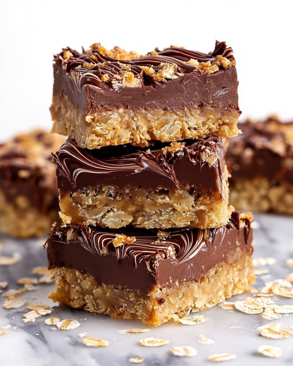 The image shows a stack of three thick dessert bars, each with three visible layers. The bottom layer is a dense, golden oat base with a rough, crumbly texture. The middle layer is thick and smooth chocolate that fills the whole middle section of each bar. The top layer is another oat layer with a crumbly texture, drizzled with shiny, dark chocolate in a swirling pattern. The bars rest on a white marbled surface scattered with oat crumbs. photo taken with an iphone --ar 4:5 --v 7