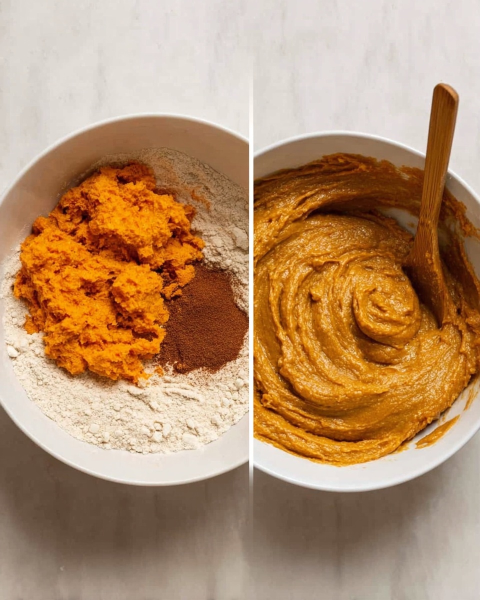 The image shows two white bowls placed side by side on a white marbled surface. The left bowl contains four layers: a bottom layer of light beige flour covering most of the bowl, topped with a bright orange layer of mashed pumpkin on the top right, a small pile of dark brown spice powder near the center, and a wooden spoon resting inside the bowl on the right edge. The right bowl shows a single smooth mixture of all the ingredients, with swirling patterns in a thick, creamy orange-brown dough, and the same wooden spoon still resting on the right side. Photo taken with an iphone --ar 4:5 --v 7